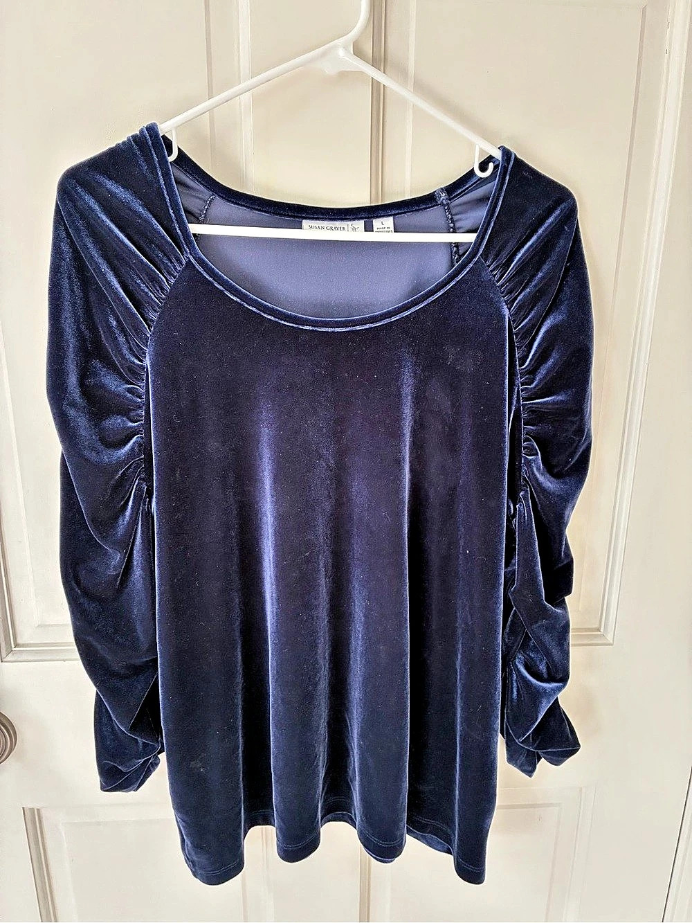 Susan Graver Velvet Long Sleeve Blouse in Blue Large Like New